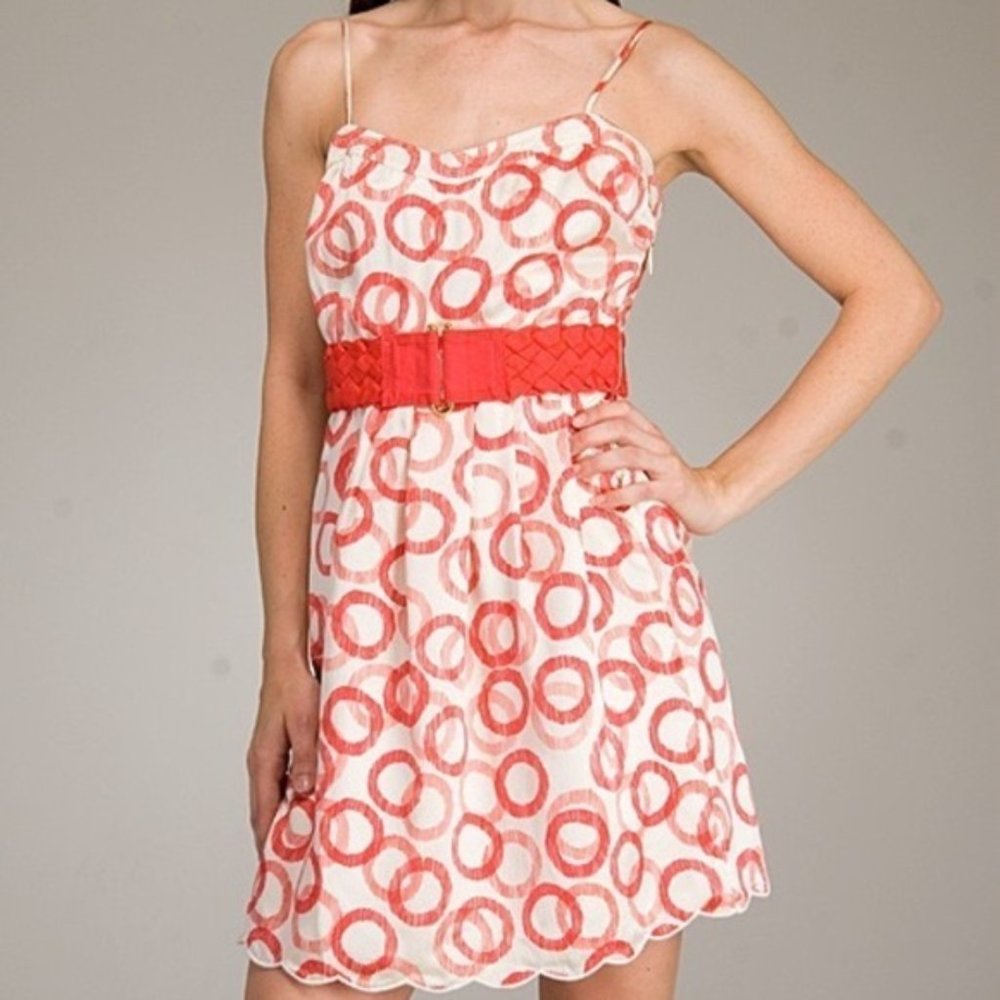 Vintage Juicy Couture 100% Silk Dress Red White Circles Red Bell Belted 0